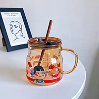 CARTOON GLASS CUP WITH LID AND STRAW CARTOON GLASS CUP WITH LID AND STRAW