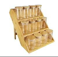 12 PIECES SPICE CONTAINERS WITH BAMBOO LIDS AND STEP ORGANISER 12 PIECES SPICE CONTAINERS WITH BAMBOO LIDS AND STEP ORGANISER