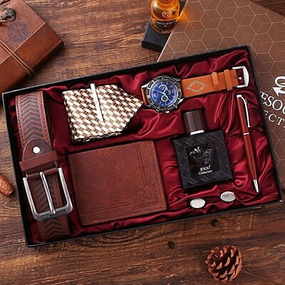 UNIQUE MEN GIFT PACK - (QUALITY LEATHER BELT, WRISTWATCH, TIE WITH ADJUSTER, CUFLINKS, PERFUME, PEN, WALLET)